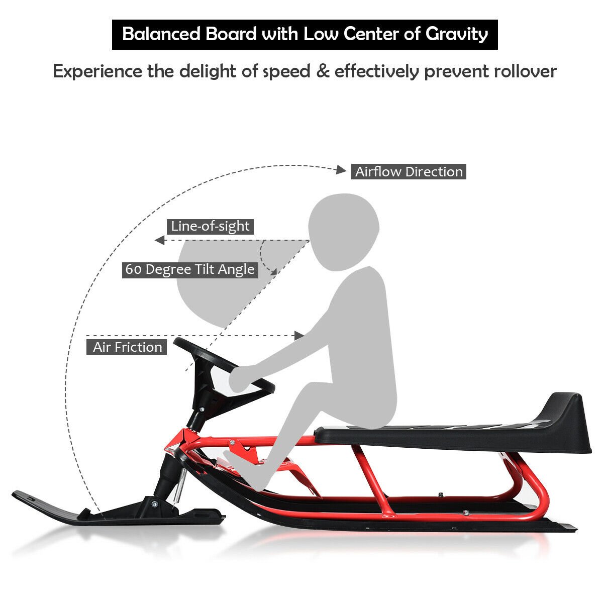 Kids Snow Sled with Steering Wheel and Double Brakes Pull Rope, Red Winter Sports & Activities   at Gallery Canada