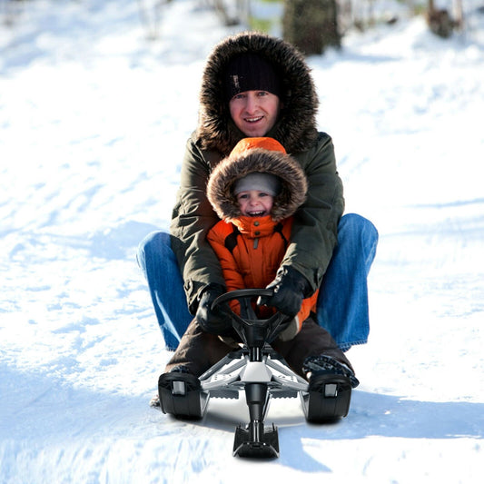 Kids Snow Sled with Steering Wheel and Double Brakes Pull Rope, Black Winter Sports & Activities   at Gallery Canada