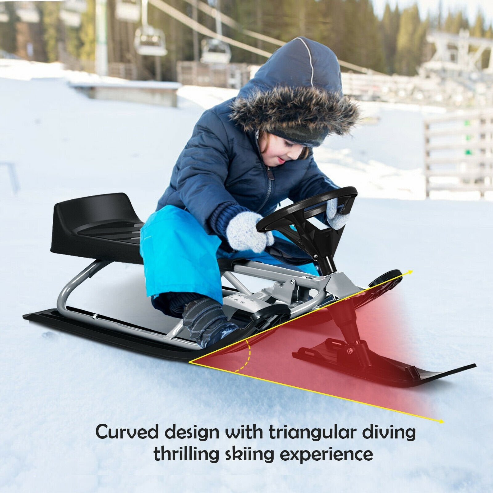 Kids Snow Sled with Steering Wheel and Double Brakes Pull Rope, Black Winter Sports & Activities   at Gallery Canada