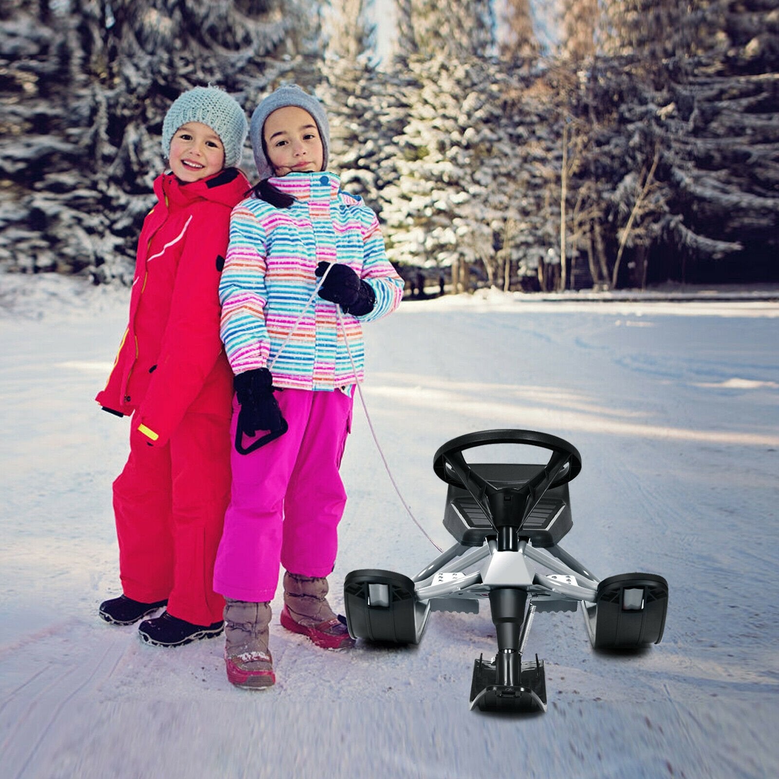 Kids Snow Sled with Steering Wheel and Double Brakes Pull Rope, Black Winter Sports & Activities   at Gallery Canada