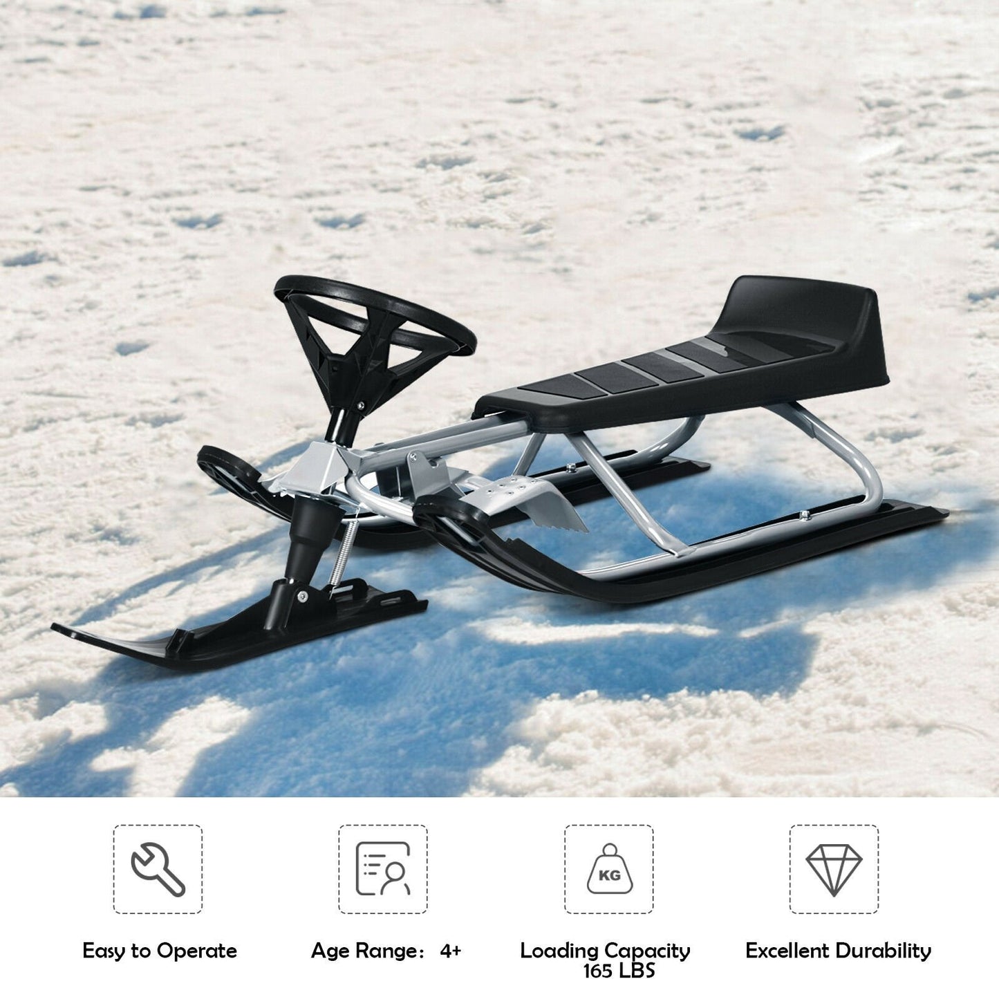 Kids Snow Sled with Steering Wheel and Double Brakes Pull Rope, Black Winter Sports & Activities   at Gallery Canada