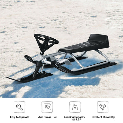 Kids Snow Sled with Steering Wheel and Double Brakes Pull Rope, Black Winter Sports & Activities   at Gallery Canada