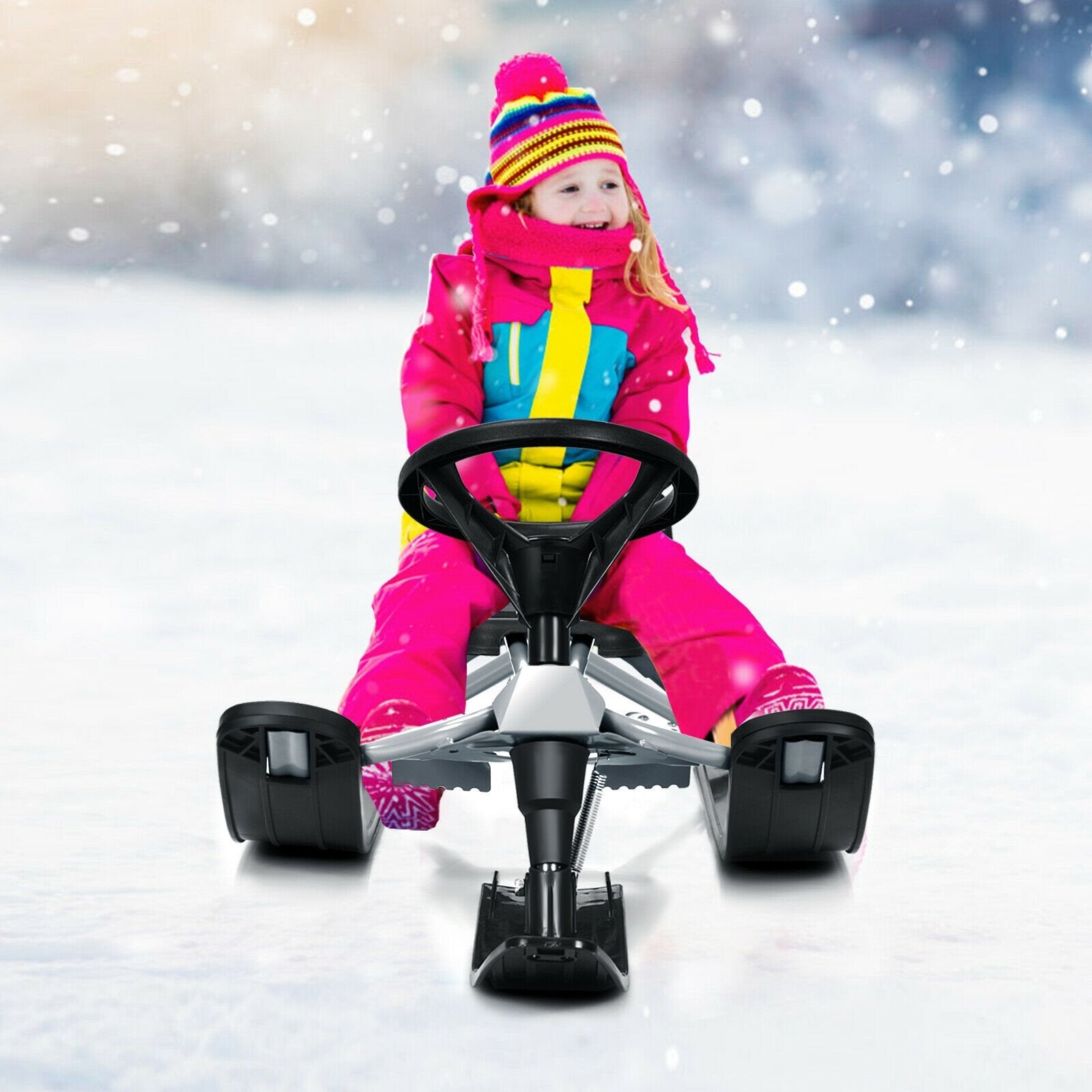 Kids Snow Sled with Steering Wheel and Double Brakes Pull Rope, Black Winter Sports & Activities   at Gallery Canada