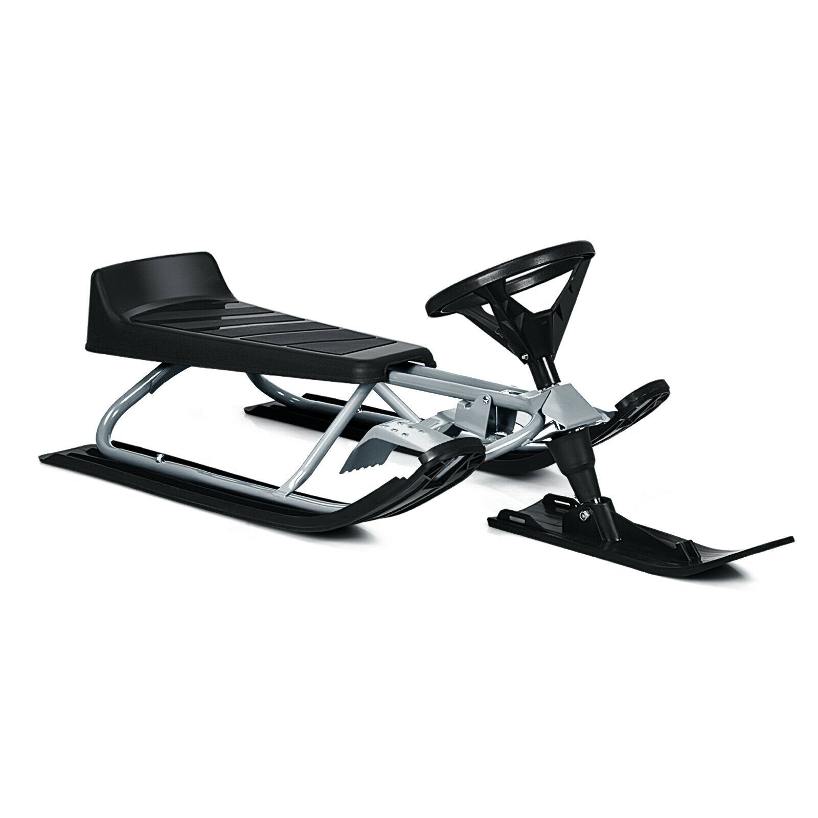 Kids Snow Sled with Steering Wheel and Double Brakes Pull Rope, Black Winter Sports & Activities   at Gallery Canada