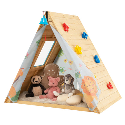 2-in-1 Wooden Kids Triangle Playhouse with Climbing Wall and Front Bell , Natural - Gallery Canada