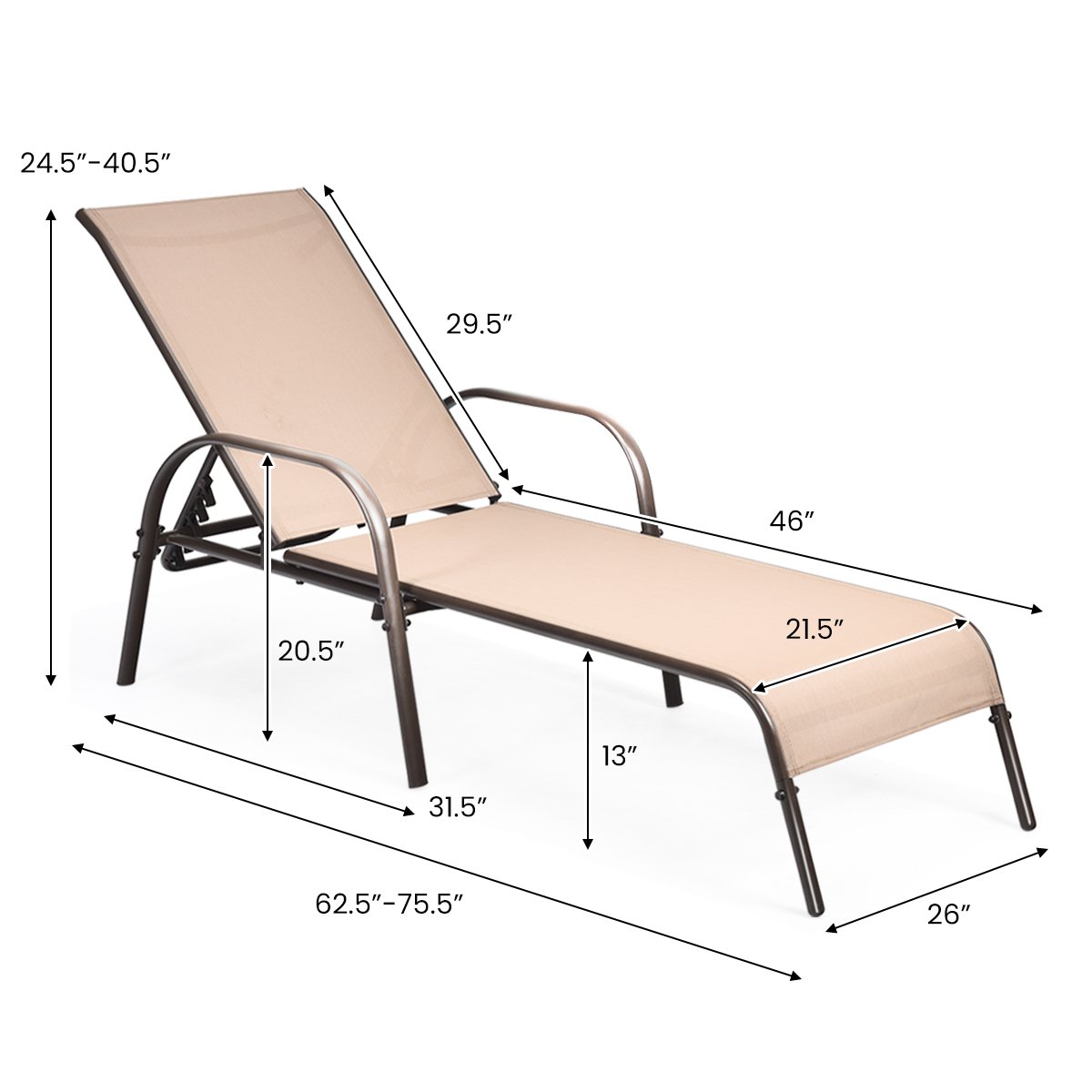 Adjustable Patio Chaise Outdoor Folding Lounge Chair with Adjustable Backrest, Brown Outdoor Chaise Lounges   at Gallery Canada