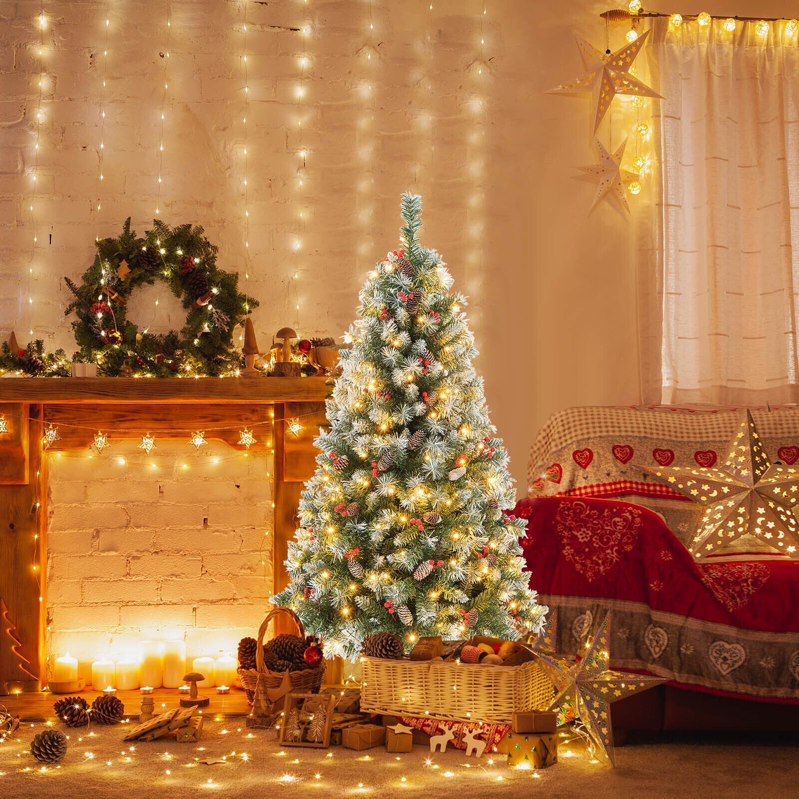 Hinged Christmas Tree with 450 PVC Branch Tips and 200 Warm White LED Lights-5ft, Green Christmas Tree   at Gallery Canada