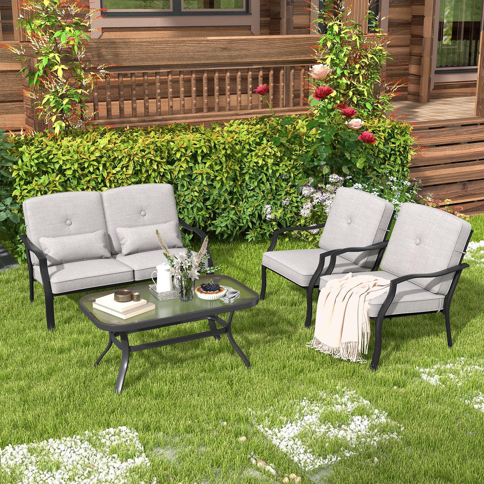 4 Pieces Outdoor Conversation Set with Seat Back Cushions and Waist Pillows, Gray Patio Conversation Sets   at Gallery Canada