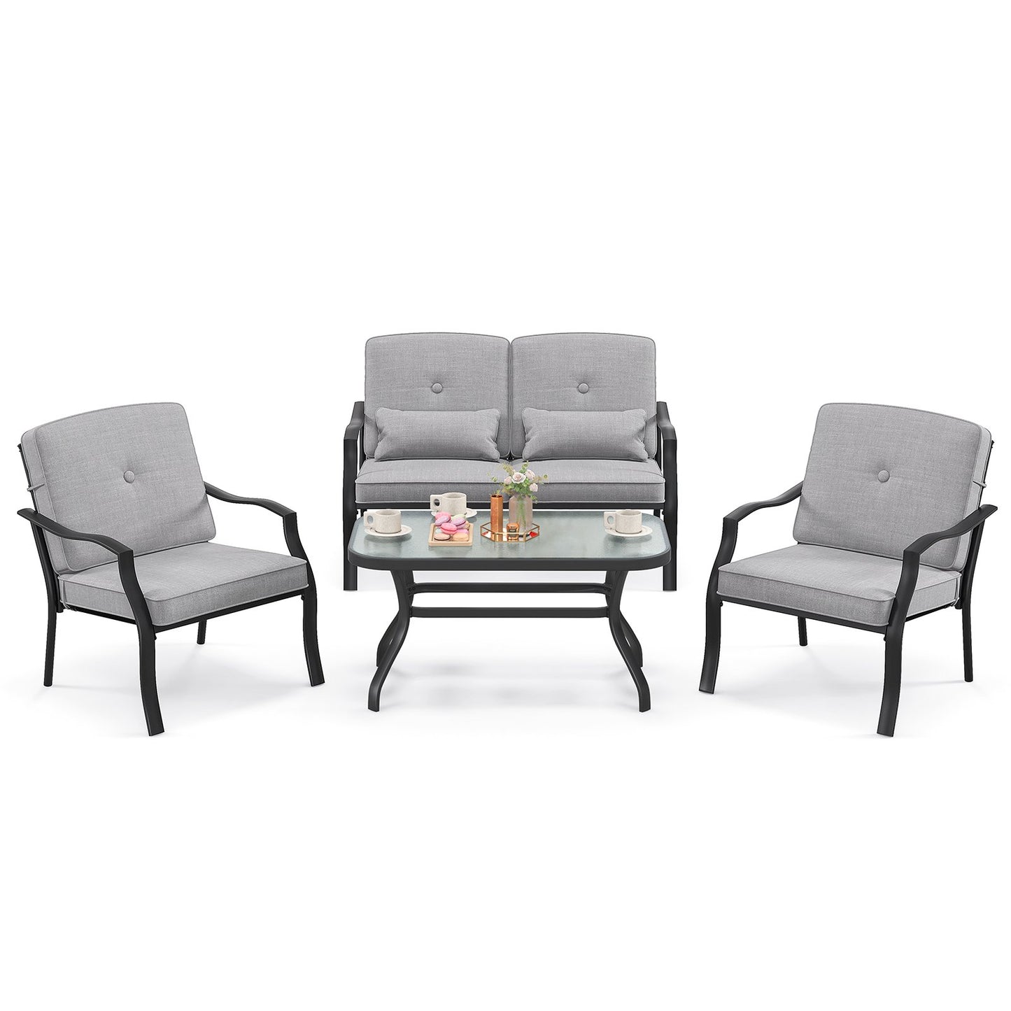 4 Pieces Outdoor Conversation Set with Seat Back Cushions and Waist Pillows, Gray Patio Conversation Sets   at Gallery Canada