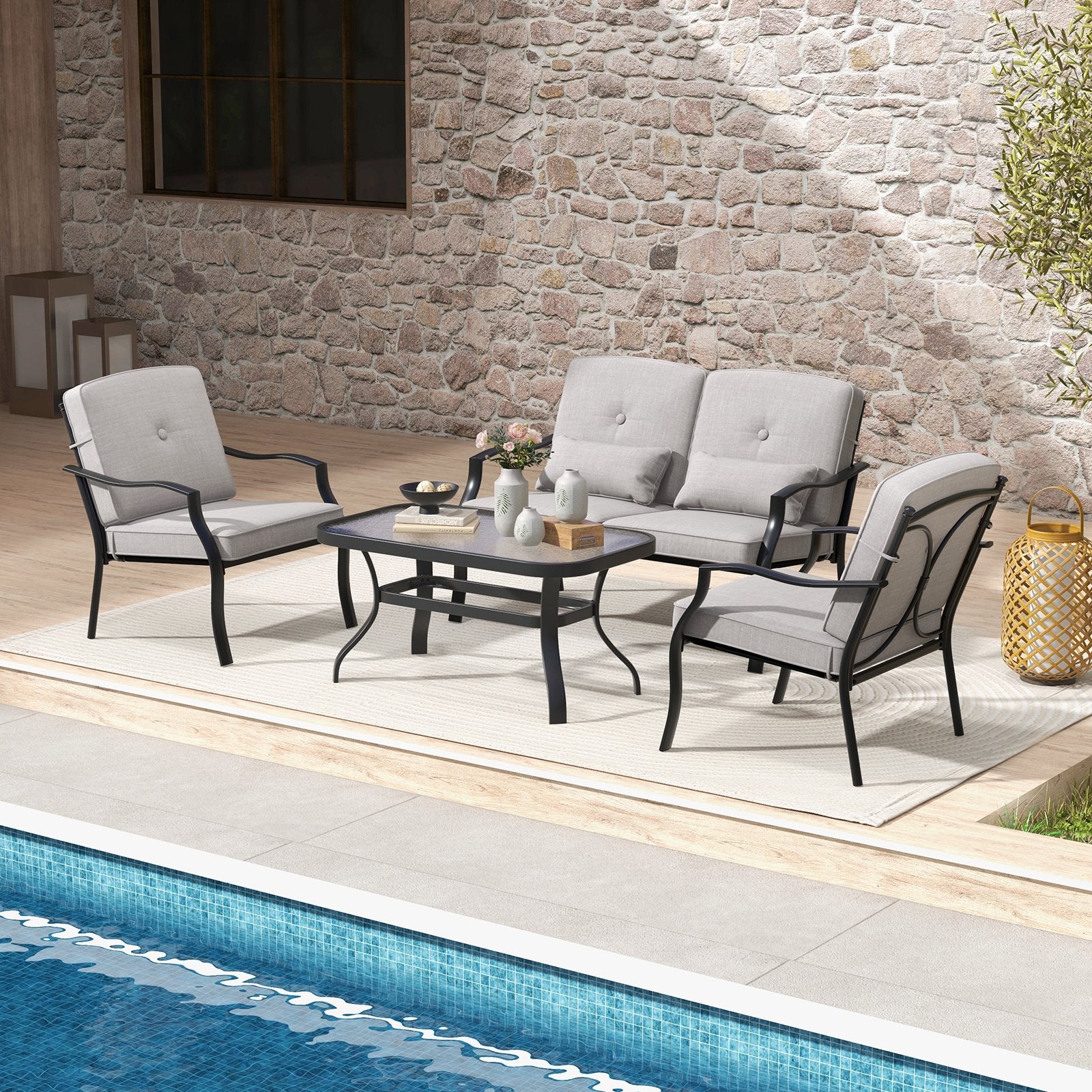 4 Pieces Outdoor Conversation Set with Seat Back Cushions and Waist Pillows, Gray Patio Conversation Sets   at Gallery Canada