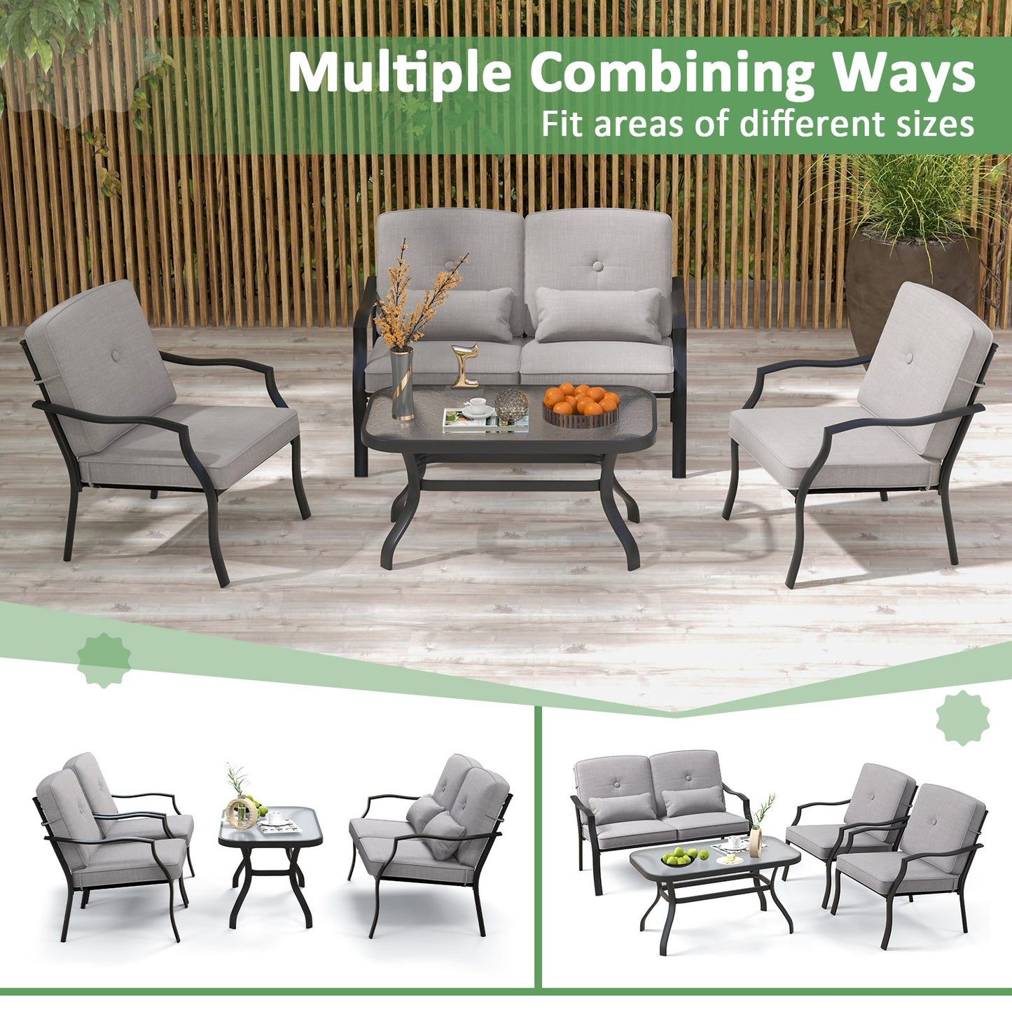 4 Pieces Outdoor Conversation Set with Seat Back Cushions and Waist Pillows, Gray Patio Conversation Sets   at Gallery Canada