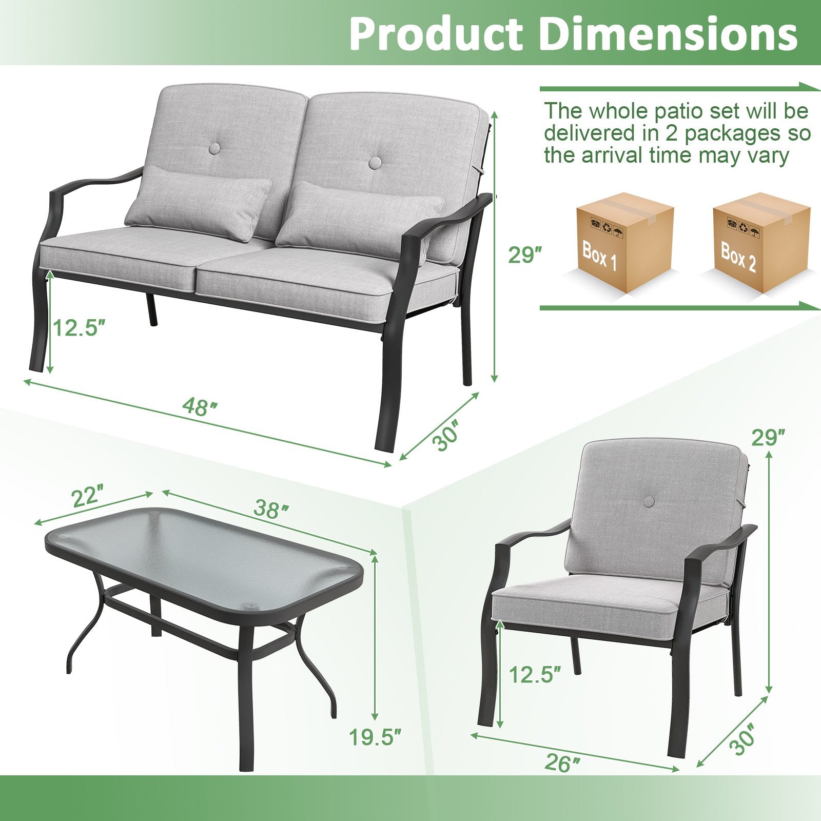 4 Pieces Outdoor Conversation Set with Seat Back Cushions and Waist Pillows, Gray Patio Conversation Sets   at Gallery Canada