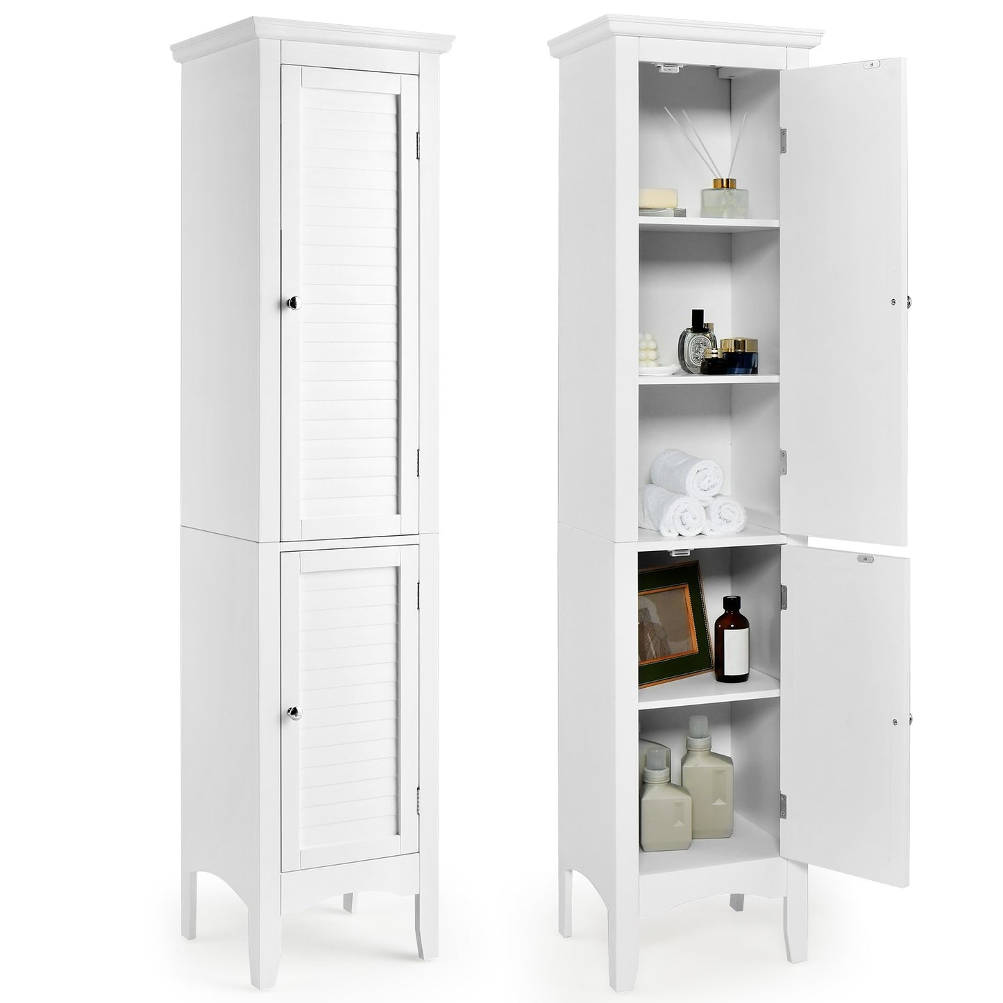 Tall Bathroom Floor Cabinet with Shutter Doors and Adjustable Shelf, White - Gallery Canada