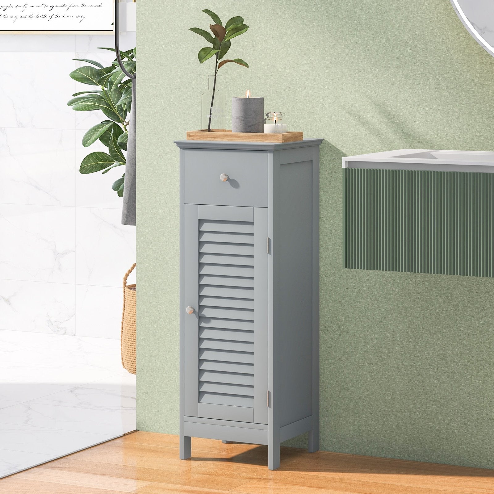 Woodern Bathroom Floor Storage Cabinet with Drawer and Shutter Door, Gray Floor Cabinets   at Gallery Canada