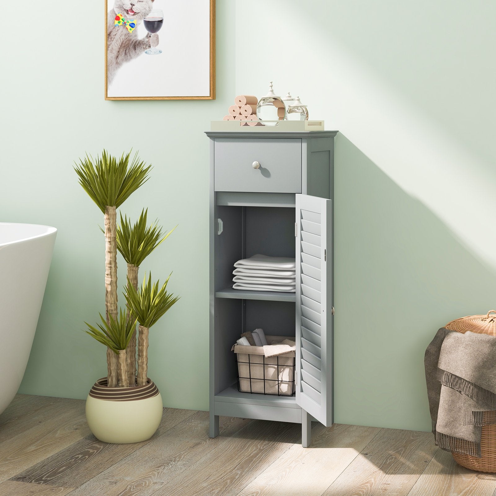 Woodern Bathroom Floor Storage Cabinet with Drawer and Shutter Door, Gray Floor Cabinets   at Gallery Canada