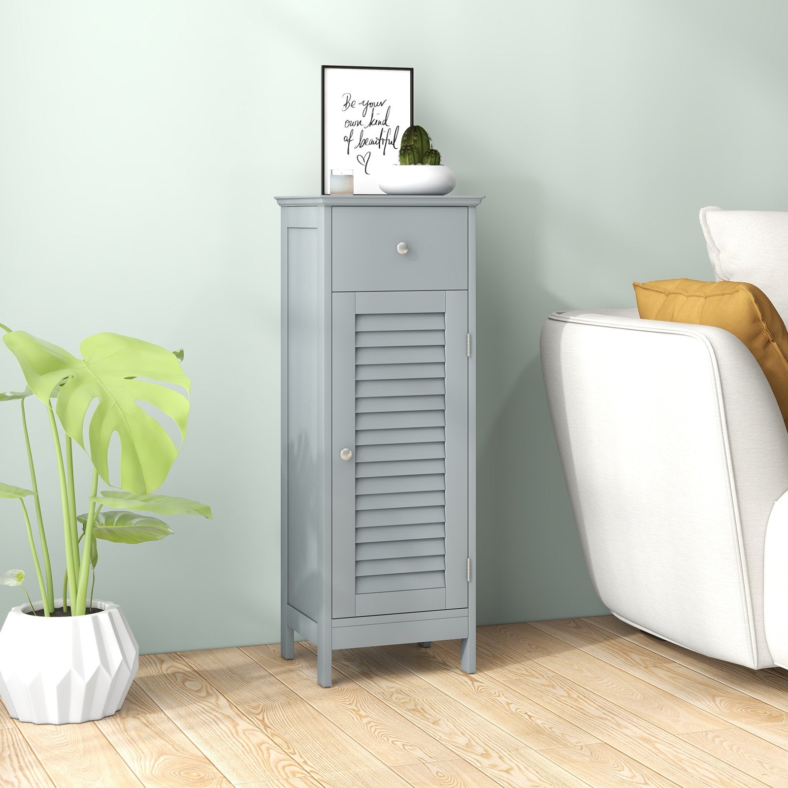 Woodern Bathroom Floor Storage Cabinet with Drawer and Shutter Door, Gray Floor Cabinets   at Gallery Canada