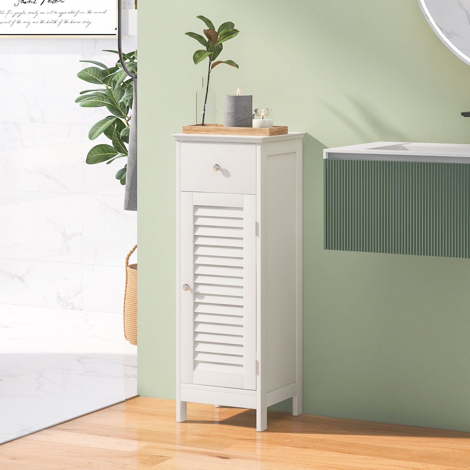 Woodern Bathroom Floor Storage Cabinet with Drawer and Shutter Door, White Floor Cabinets   at Gallery Canada