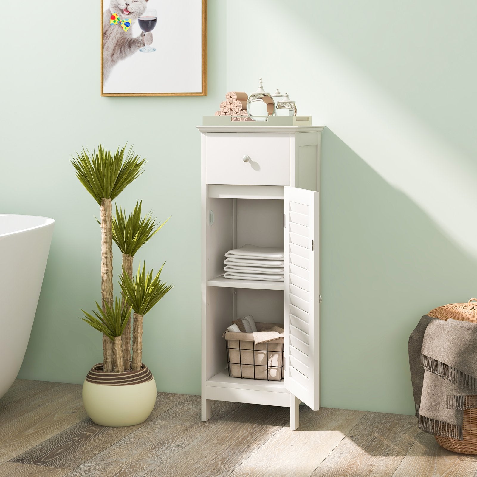 Woodern Bathroom Floor Storage Cabinet with Drawer and Shutter Door, White Floor Cabinets   at Gallery Canada