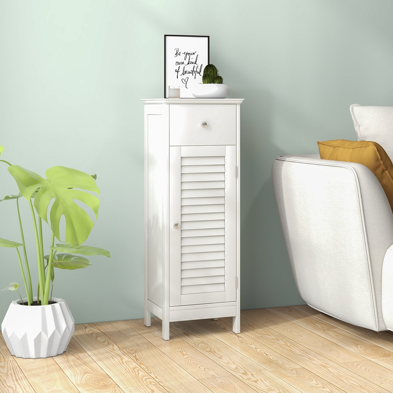 Woodern Bathroom Floor Storage Cabinet with Drawer and Shutter Door, White Floor Cabinets   at Gallery Canada