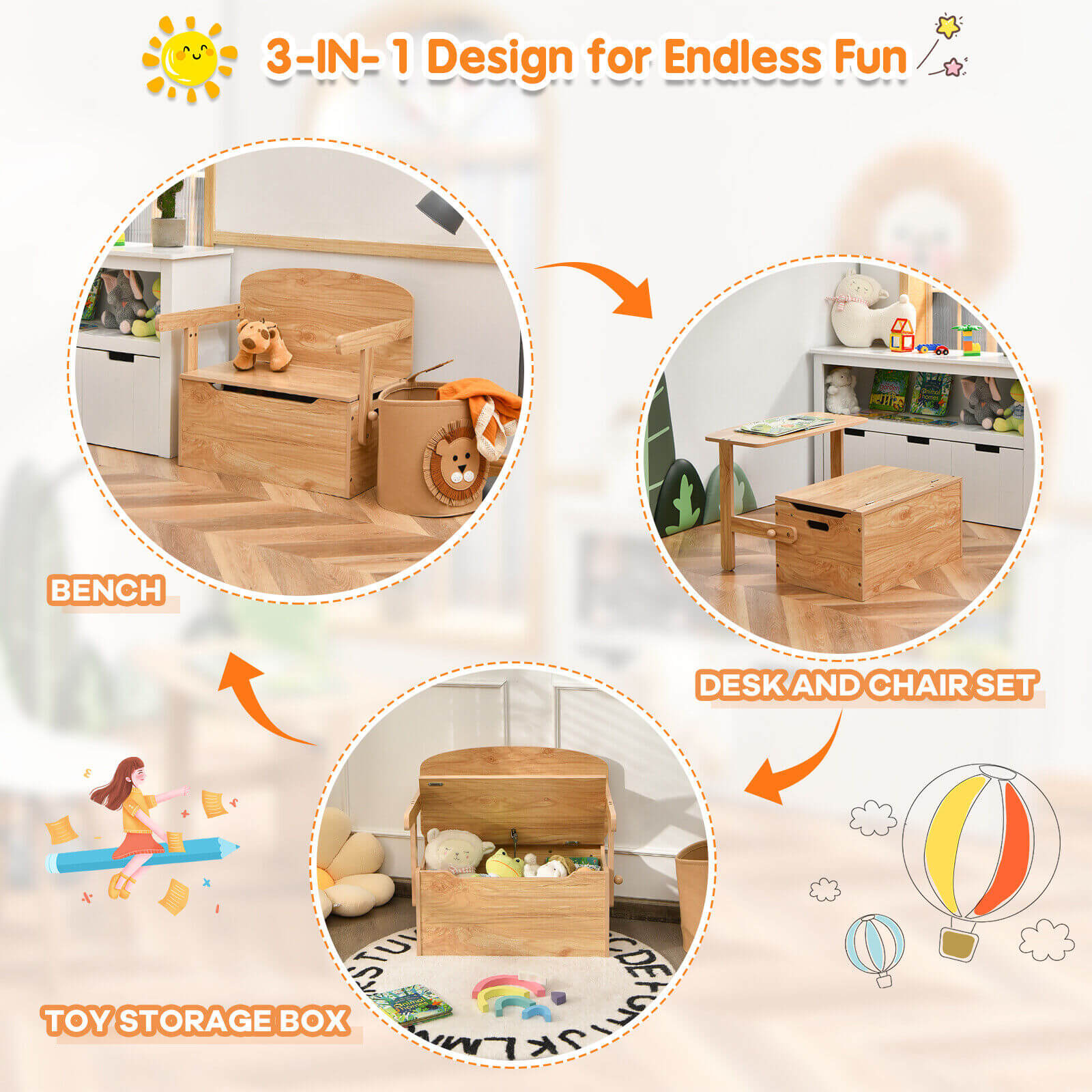 3-in-1 Kids Convertible Storage Bench Wood Activity Table and Chair Set, Natural Kids Table & Chair Sets at Gallery Canada