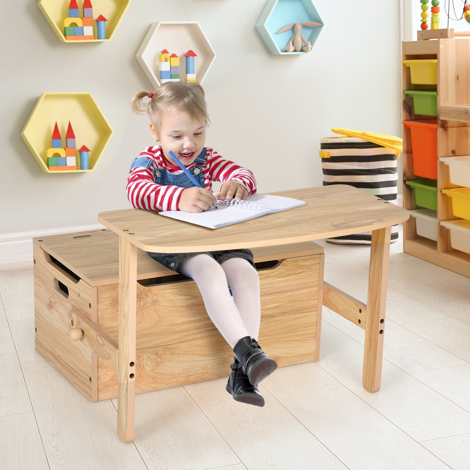 3-in-1 Kids Convertible Storage Bench Wood Activity Table and Chair Set, Natural Kids Table & Chair Sets at Gallery Canada