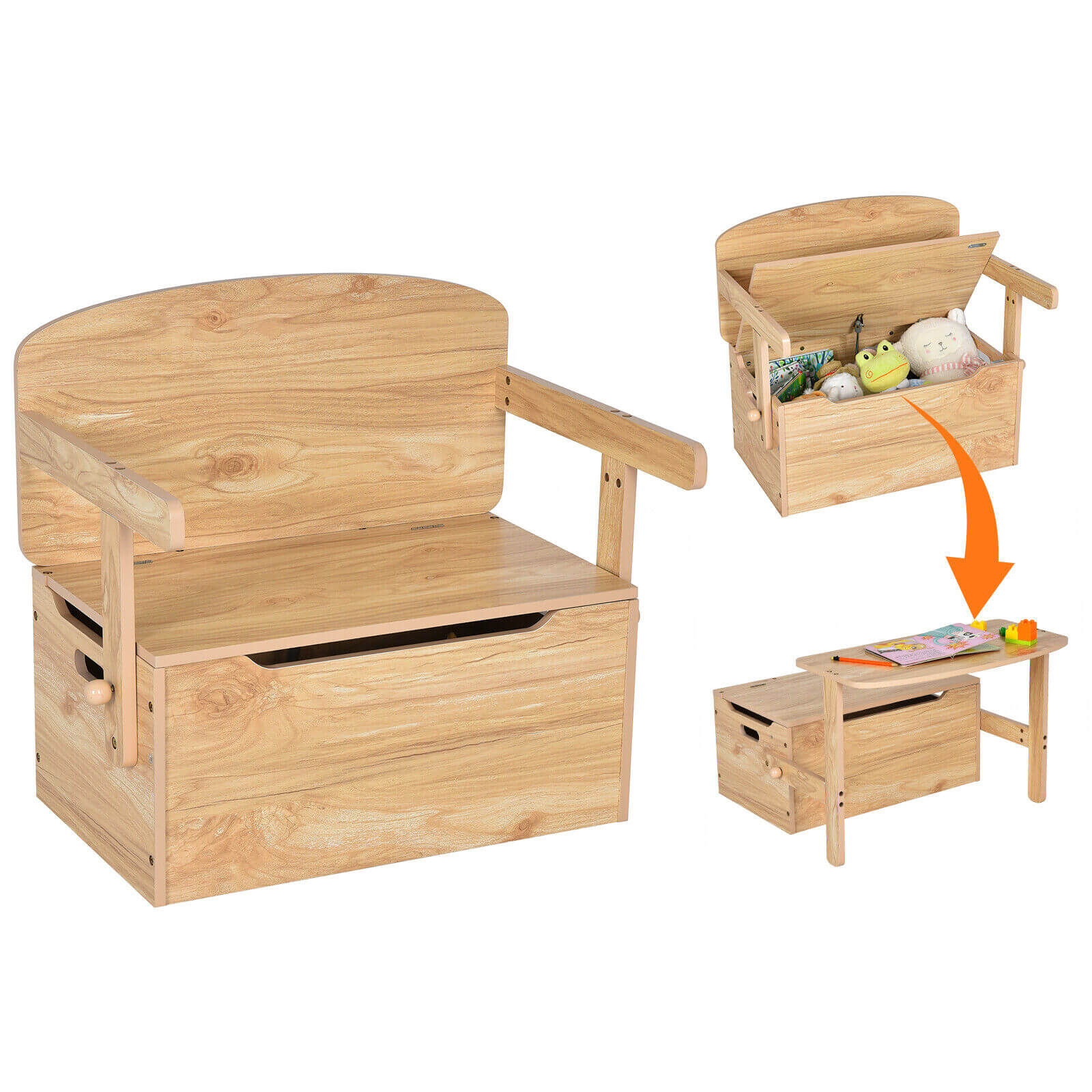 3-in-1 Kids Convertible Storage Bench Wood Activity Table and Chair Set, Natural Kids Table & Chair Sets at Gallery Canada