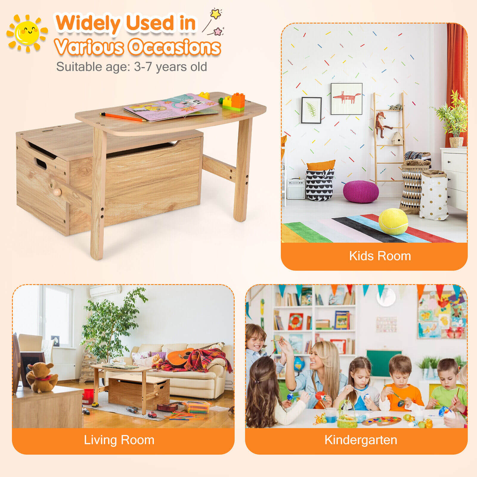 3-in-1 Kids Convertible Storage Bench Wood Activity Table and Chair Set, Natural Kids Table & Chair Sets at Gallery Canada