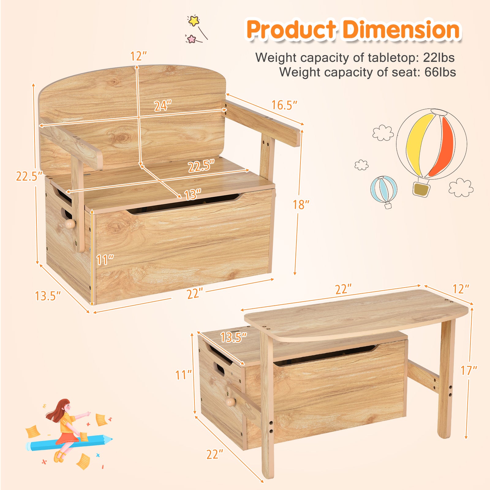 3-in-1 Kids Convertible Storage Bench Wood Activity Table and Chair Set, Natural Kids Table & Chair Sets at Gallery Canada