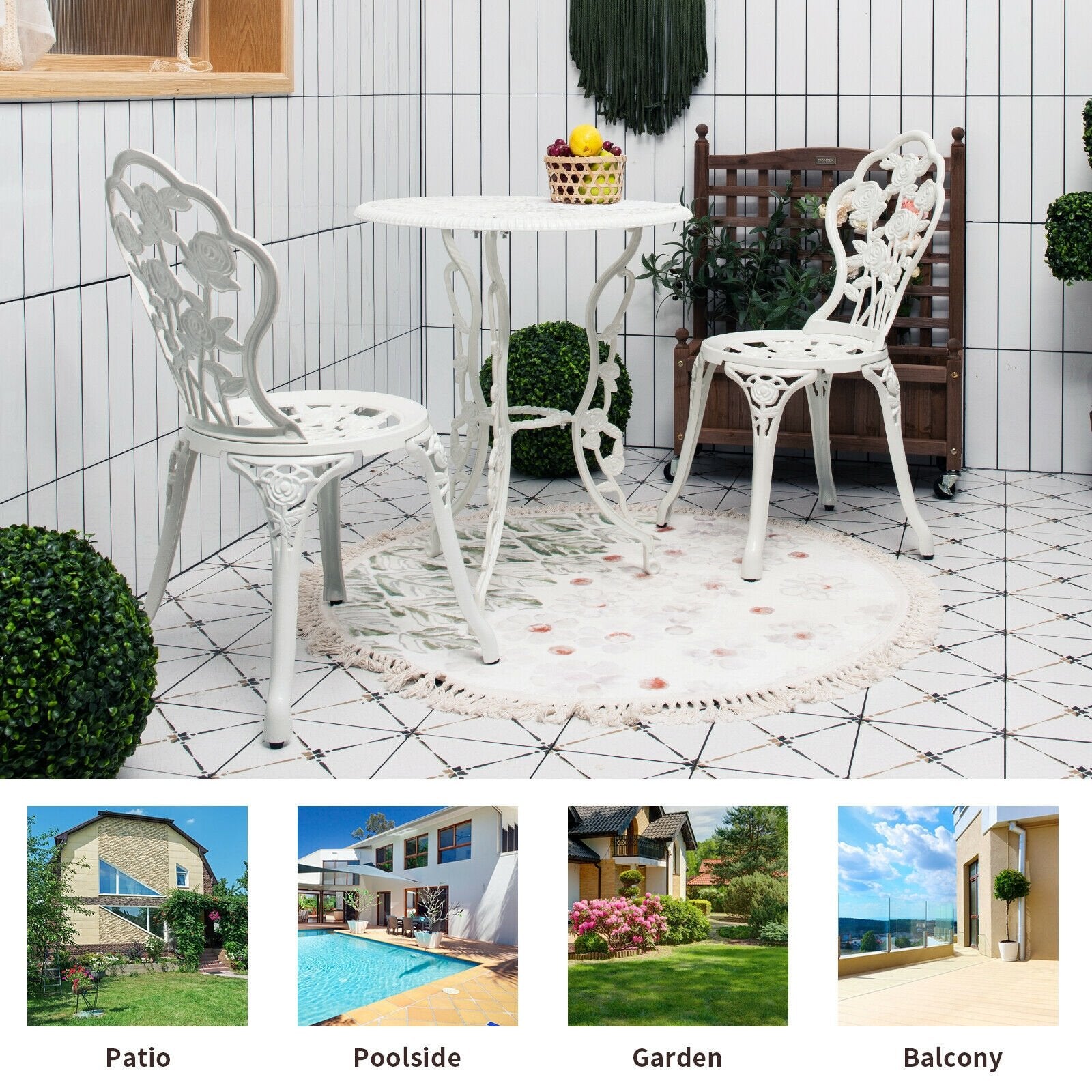 Outdoor Cast Aluminum Patio Furniture Set with Rose Design, White Patio Conversation Sets   at Gallery Canada