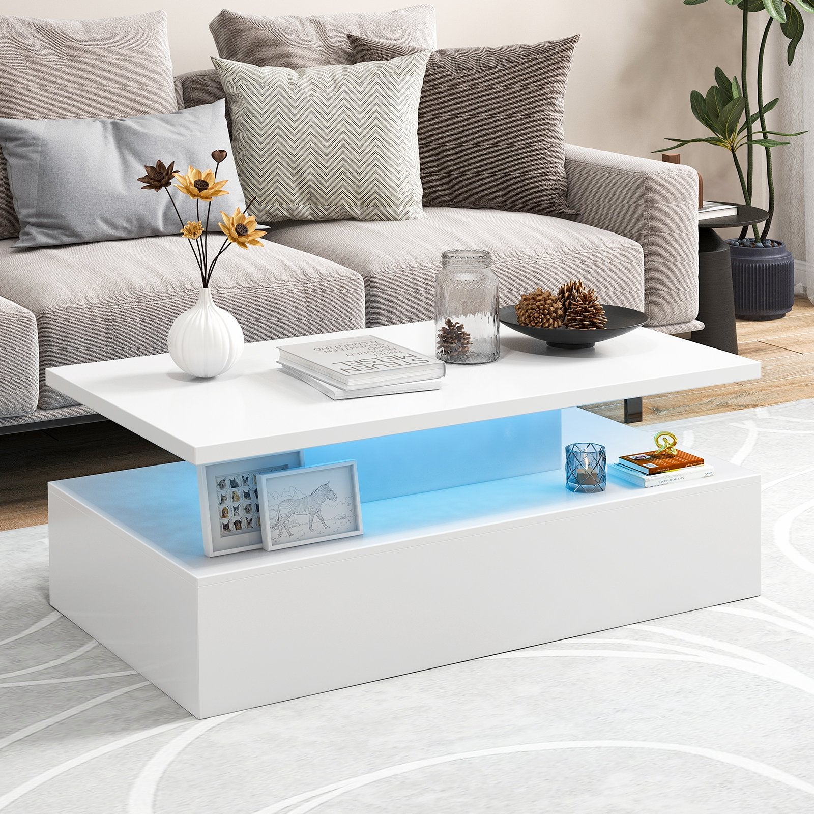 Modern 2-tier High Glossy Table with Adjustable Light Colors for Living Room, White Coffee Tables   at Gallery Canada