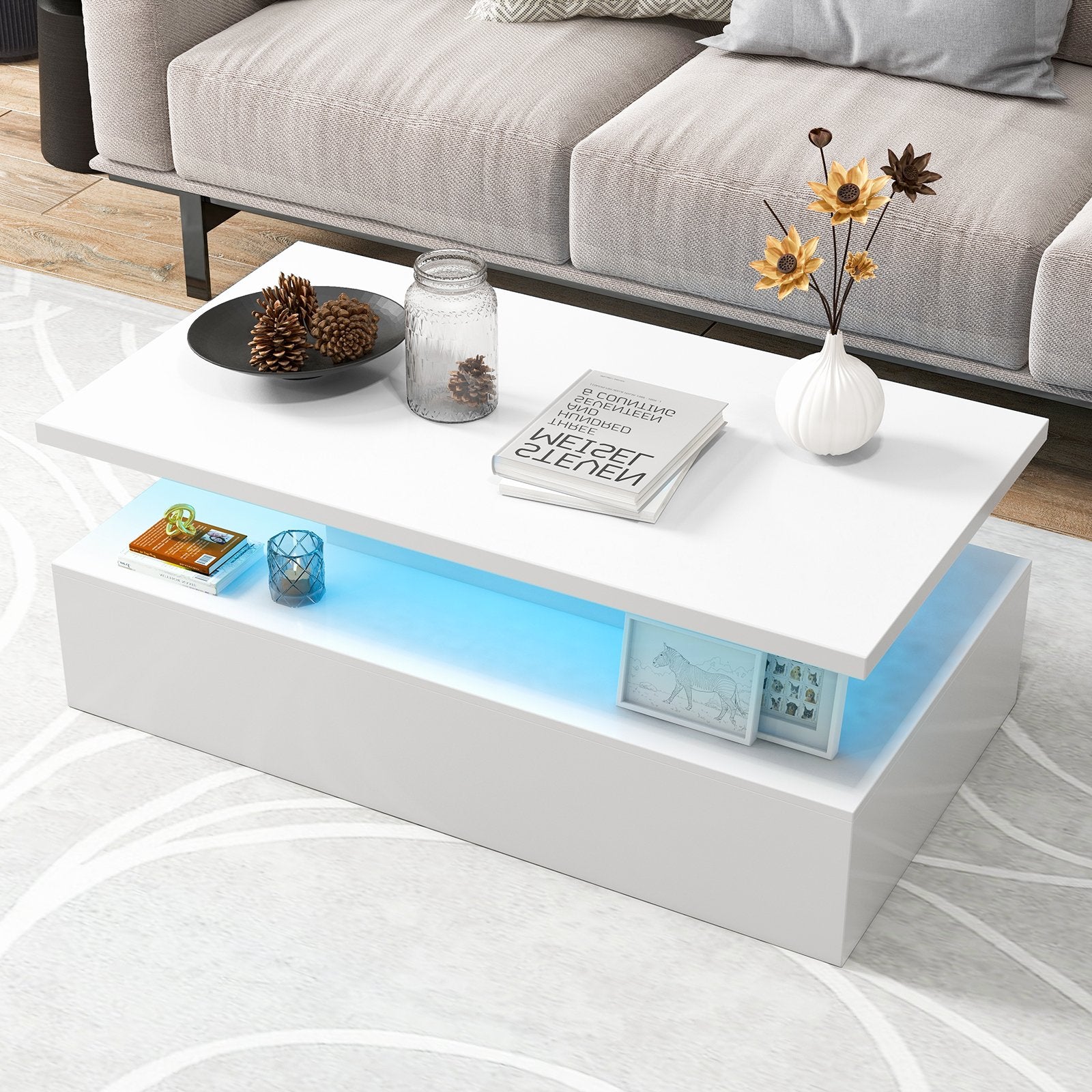 Modern 2-tier High Glossy Table with Adjustable Light Colors for Living Room, White Coffee Tables   at Gallery Canada