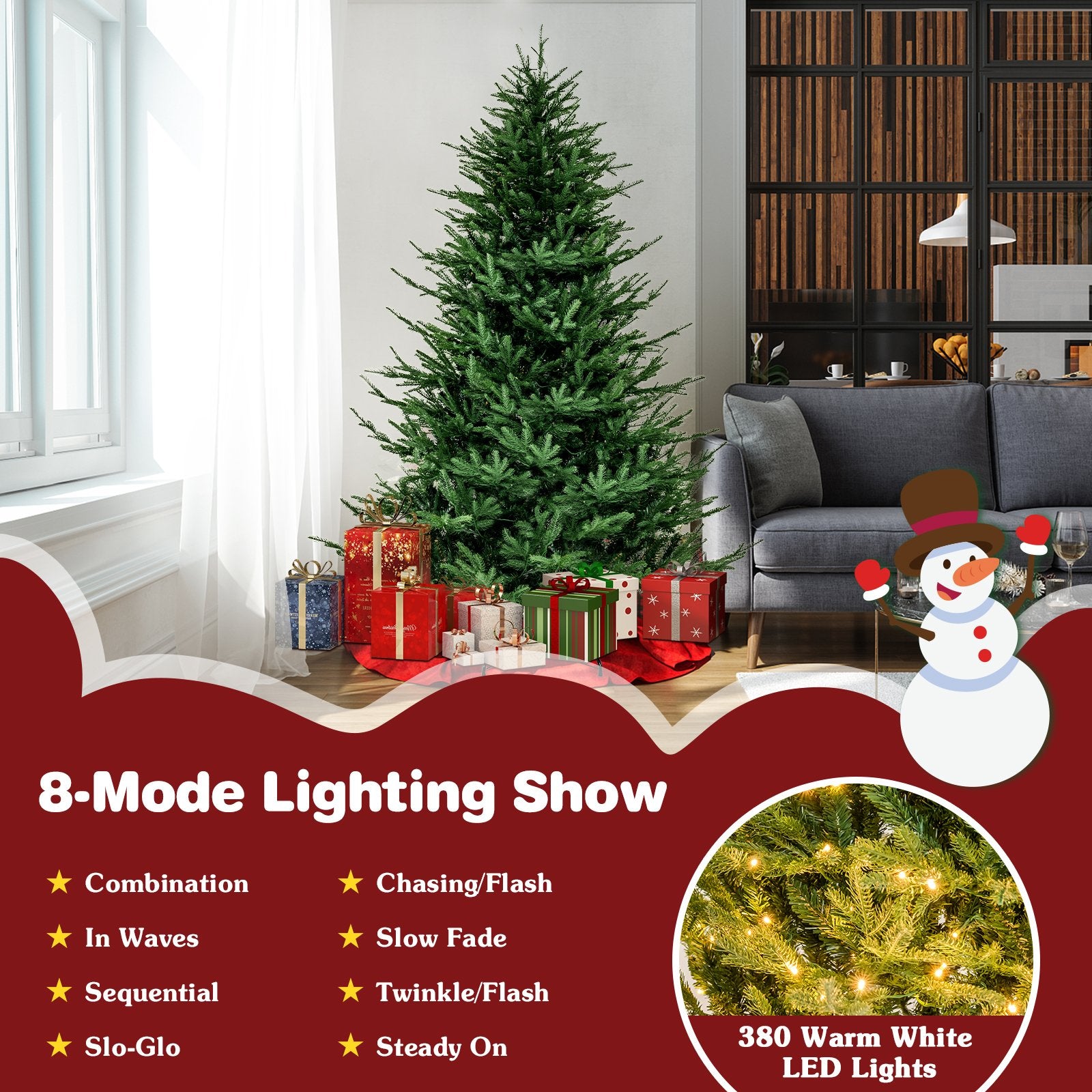 Pre-lit Christmas Tree with 280 Warm White LED Lights and 8 Lighting Modes-7 ft, Green Christmas Tree   at Gallery Canada