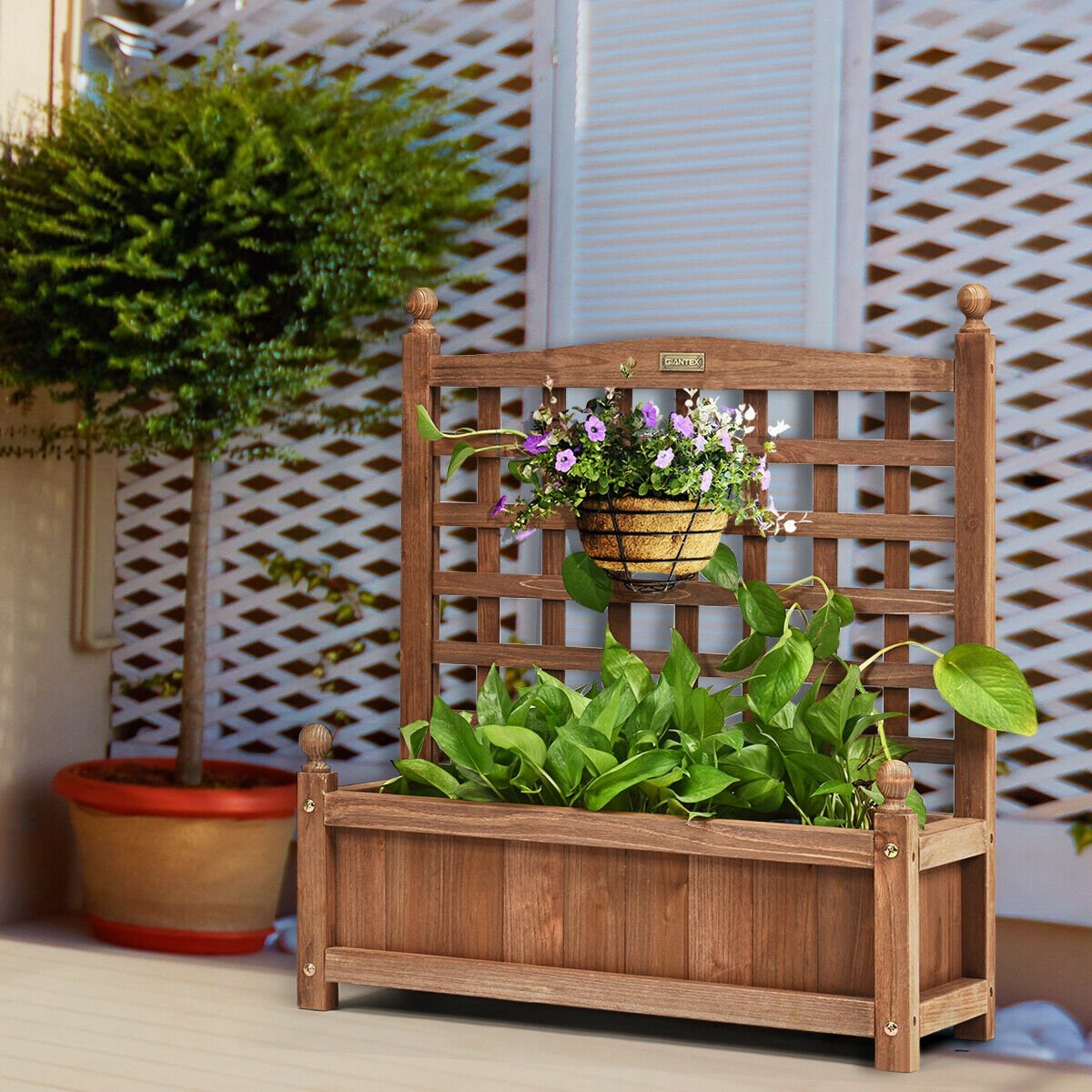 Solid Wood Planter Box with Trellis Weather-Resistant Outdoor, Brown Raised Garden Beds   at Gallery Canada