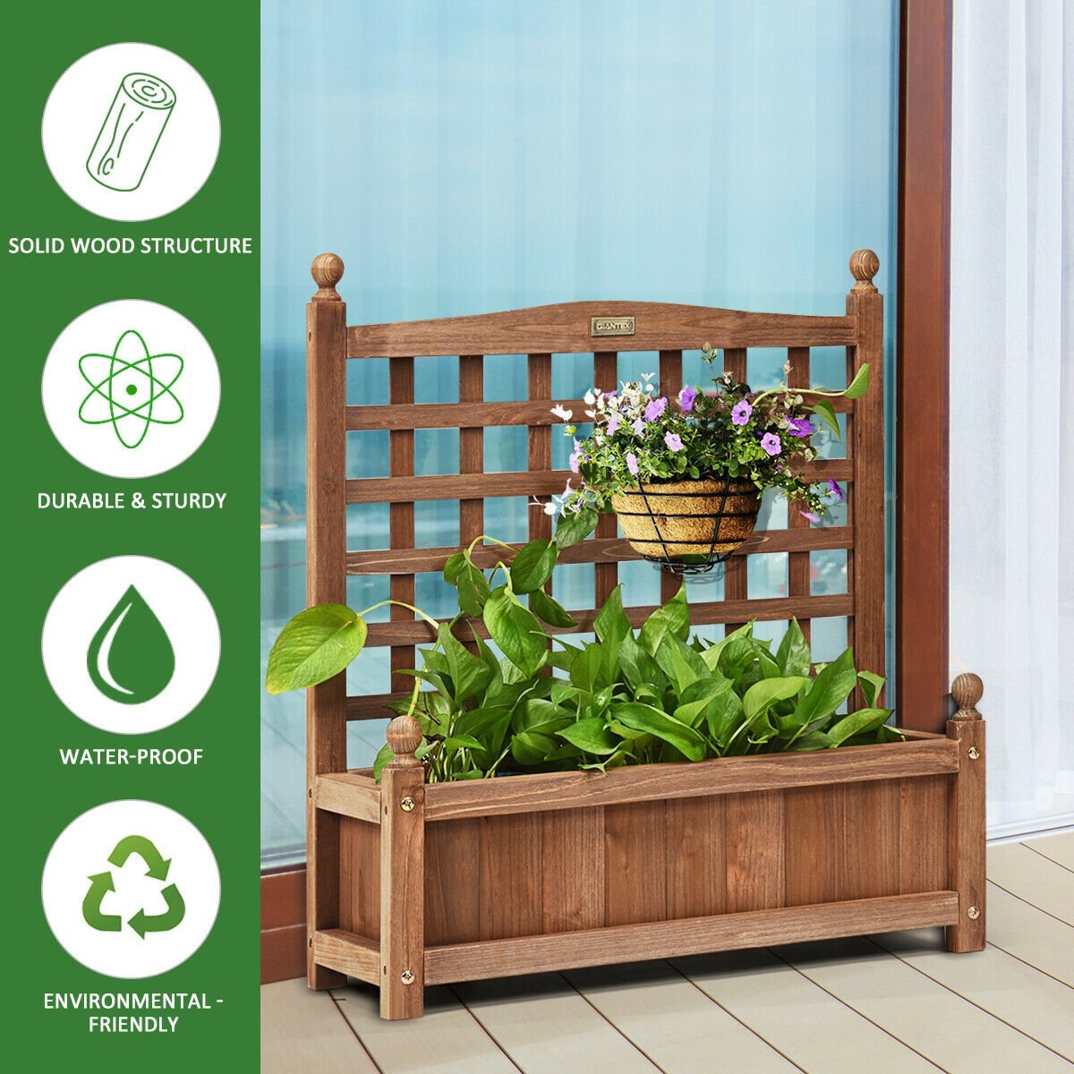 Solid Wood Planter Box with Trellis Weather-Resistant Outdoor, Brown Raised Garden Beds   at Gallery Canada