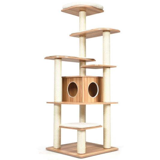 7-Layer Wooden Cat Tree Tall Cat Tower with Sisal Posts and Condo, Natural Cat Trees Condos & Scratchers Natural  at Gallery Canada