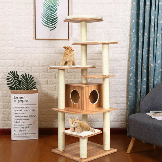 7-Layer Wooden Cat Tree Tall Cat Tower with Sisal Posts and Condo, Natural Cat Trees Condos & Scratchers Natural  at Gallery Canada