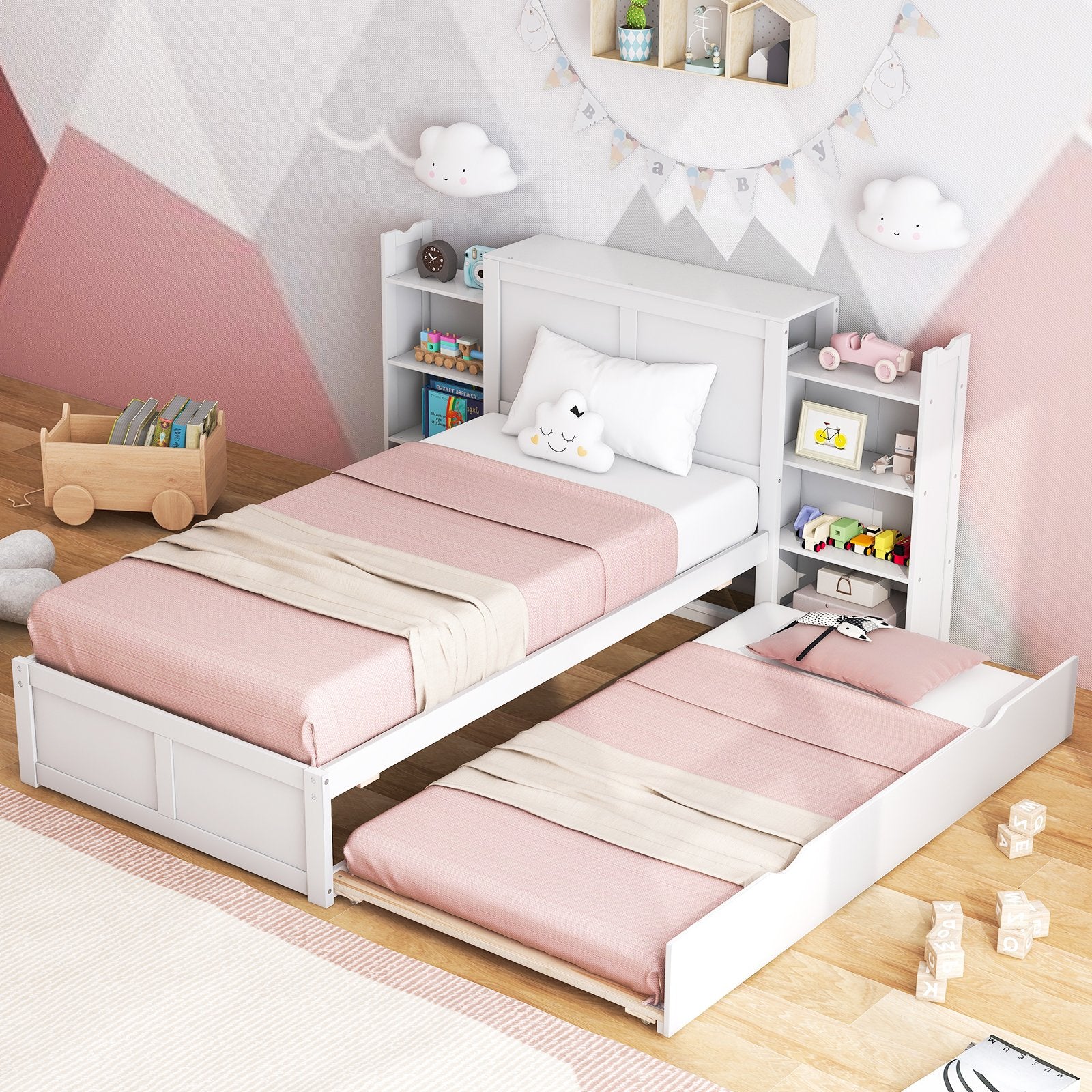 Twin/Full Kids Wooden Platform Bed with Trundle Storage Headboard-Twin Size, White Simple Bed Frame   at Gallery Canada