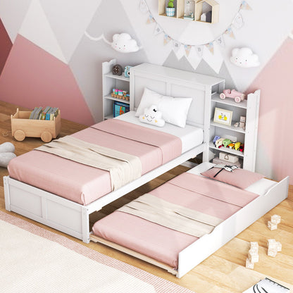 Twin/Full Kids Wooden Platform Bed with Trundle Storage Headboard-Twin Size, White Simple Bed Frame   at Gallery Canada