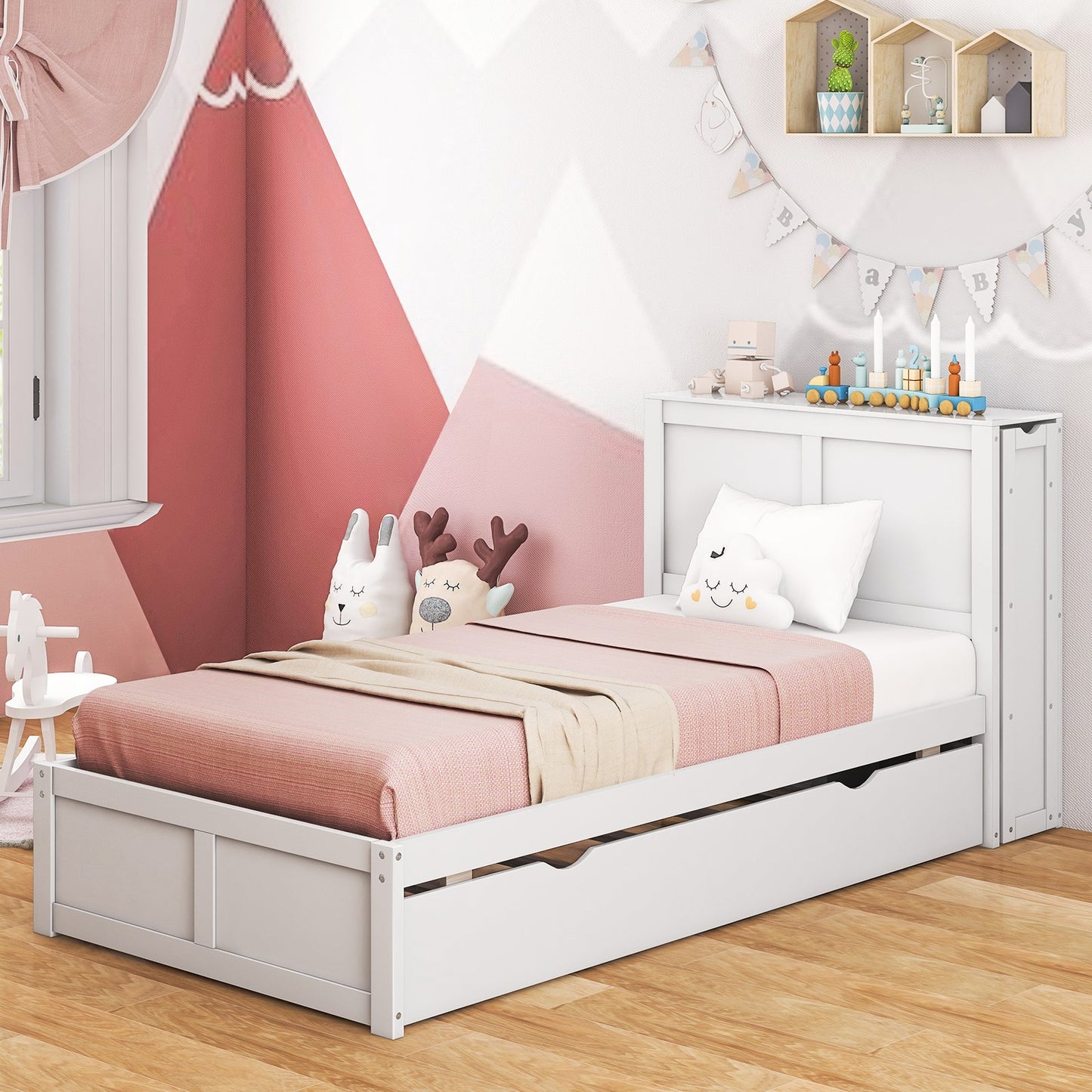 Twin/Full Kids Wooden Platform Bed with Trundle Storage Headboard-Twin Size, White Simple Bed Frame   at Gallery Canada