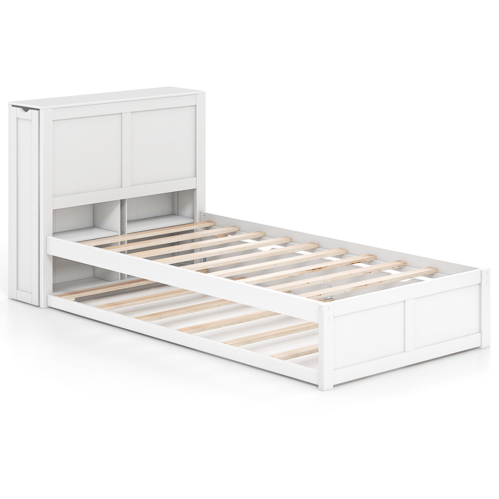 Twin/Full Kids Wooden Platform Bed with Trundle Storage Headboard-Twin Size, White Simple Bed Frame   at Gallery Canada