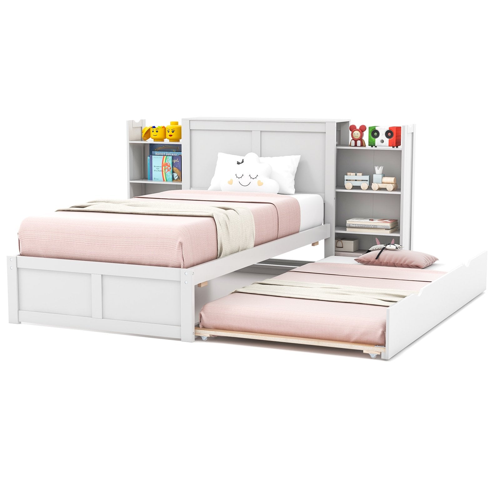 Twin/Full Kids Wooden Platform Bed with Trundle Storage Headboard-Twin Size, White Simple Bed Frame   at Gallery Canada