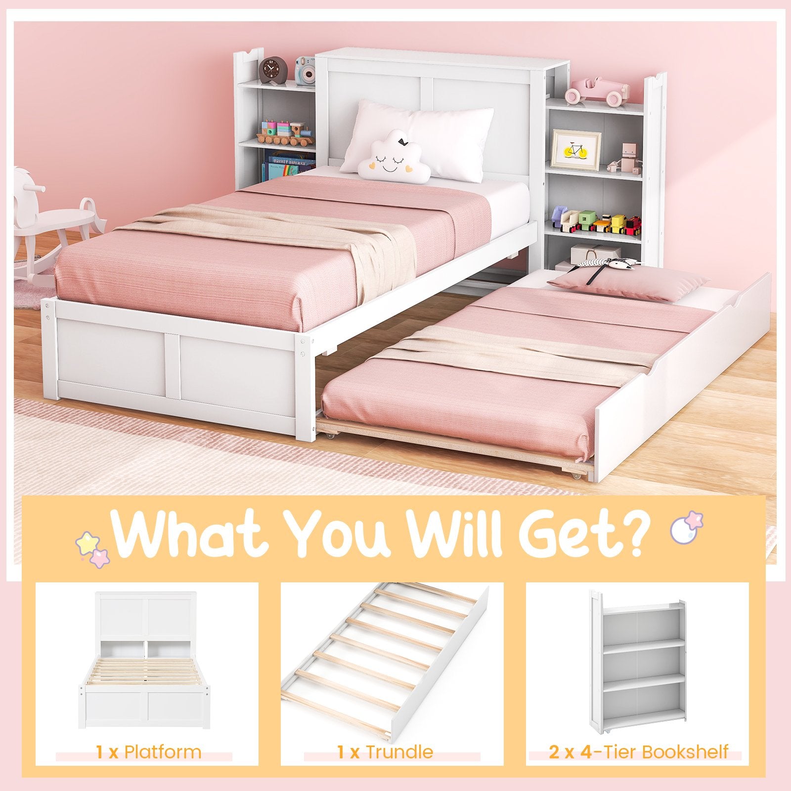 Twin/Full Kids Wooden Platform Bed with Trundle Storage Headboard-Twin Size, White Simple Bed Frame   at Gallery Canada