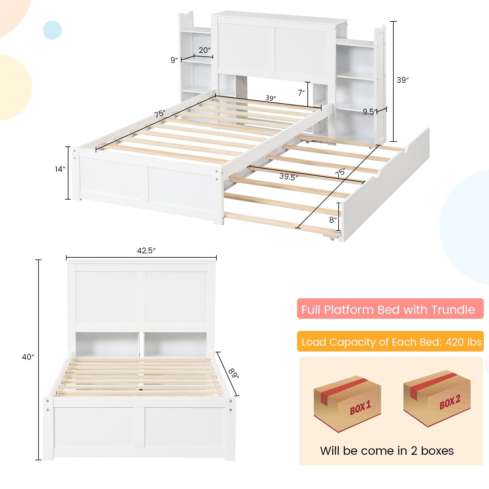 Twin/Full Kids Wooden Platform Bed with Trundle Storage Headboard-Twin Size, White Simple Bed Frame   at Gallery Canada