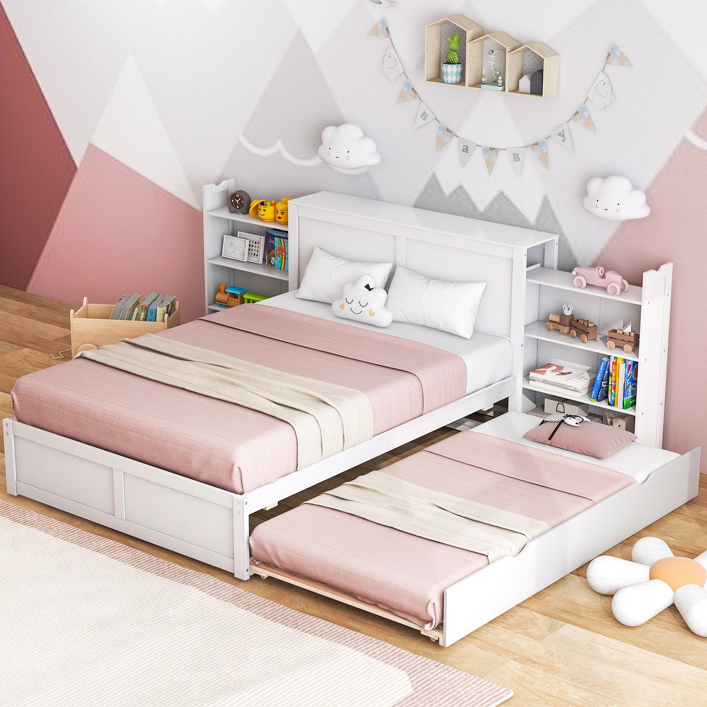 Twin/Full Kids Wooden Platform Bed with Trundle Storage Headboard-Full Size, White Simple Bed Frame   at Gallery Canada