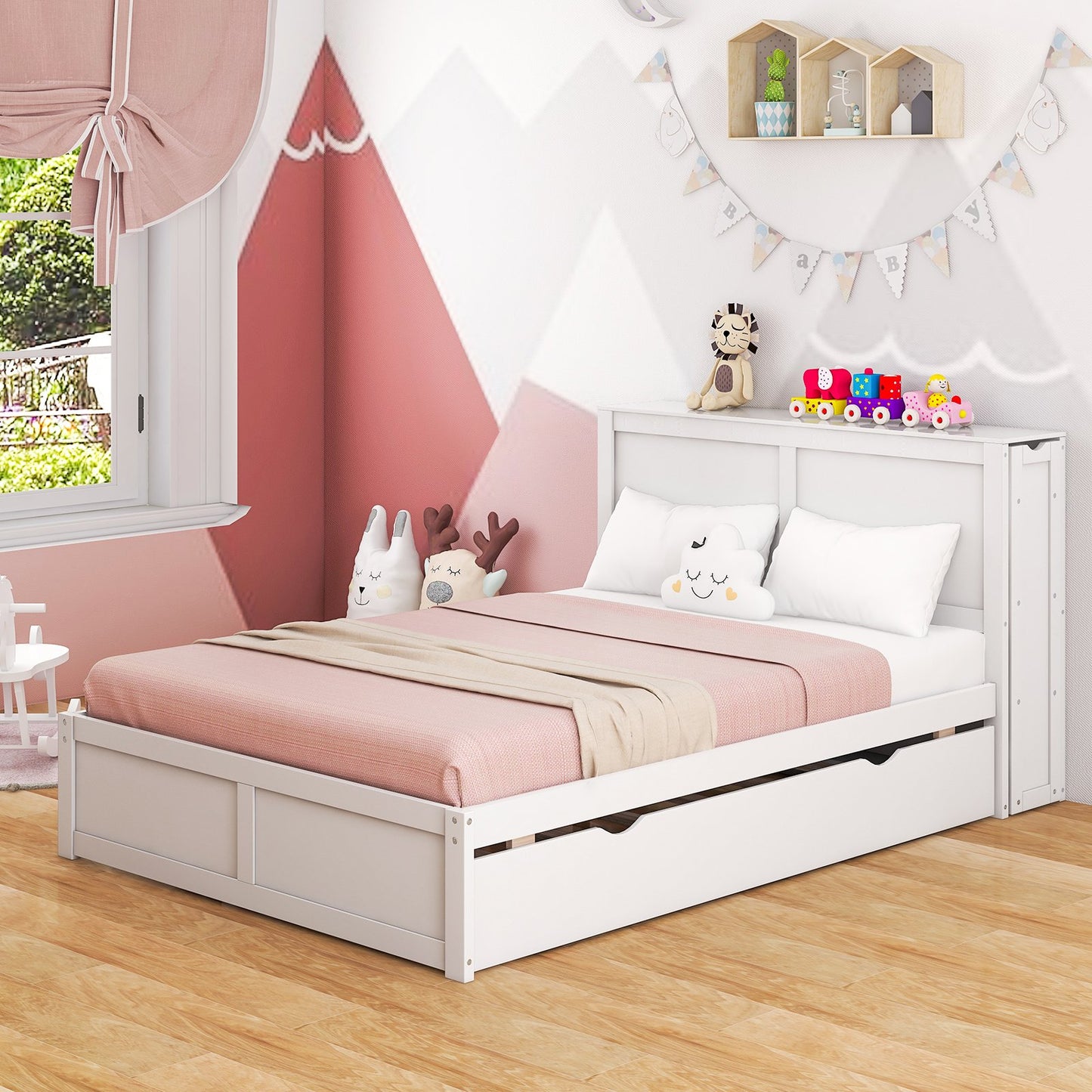 Twin/Full Kids Wooden Platform Bed with Trundle Storage Headboard-Full Size, White Simple Bed Frame   at Gallery Canada