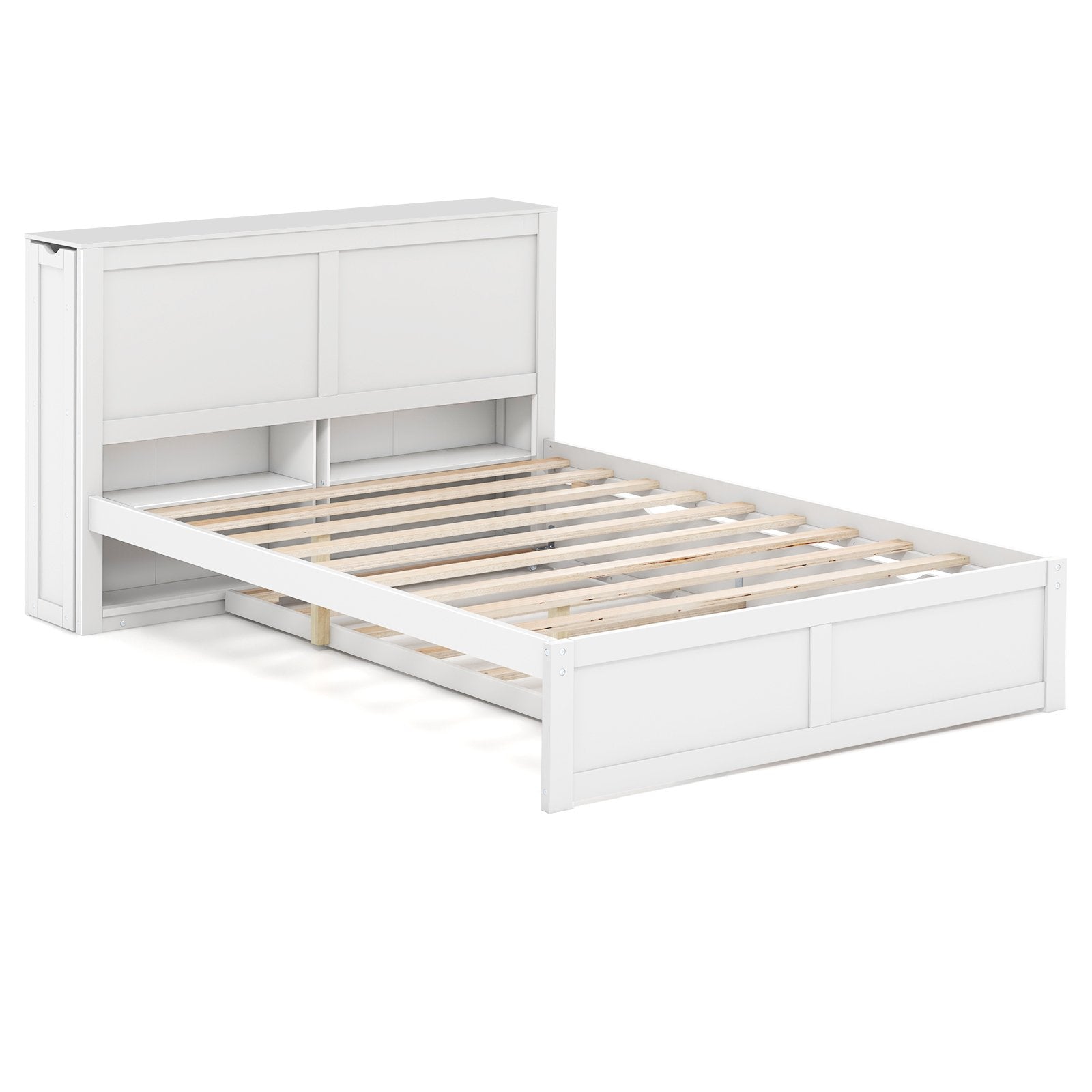 Twin/Full Kids Wooden Platform Bed with Trundle Storage Headboard-Full Size, White Simple Bed Frame   at Gallery Canada