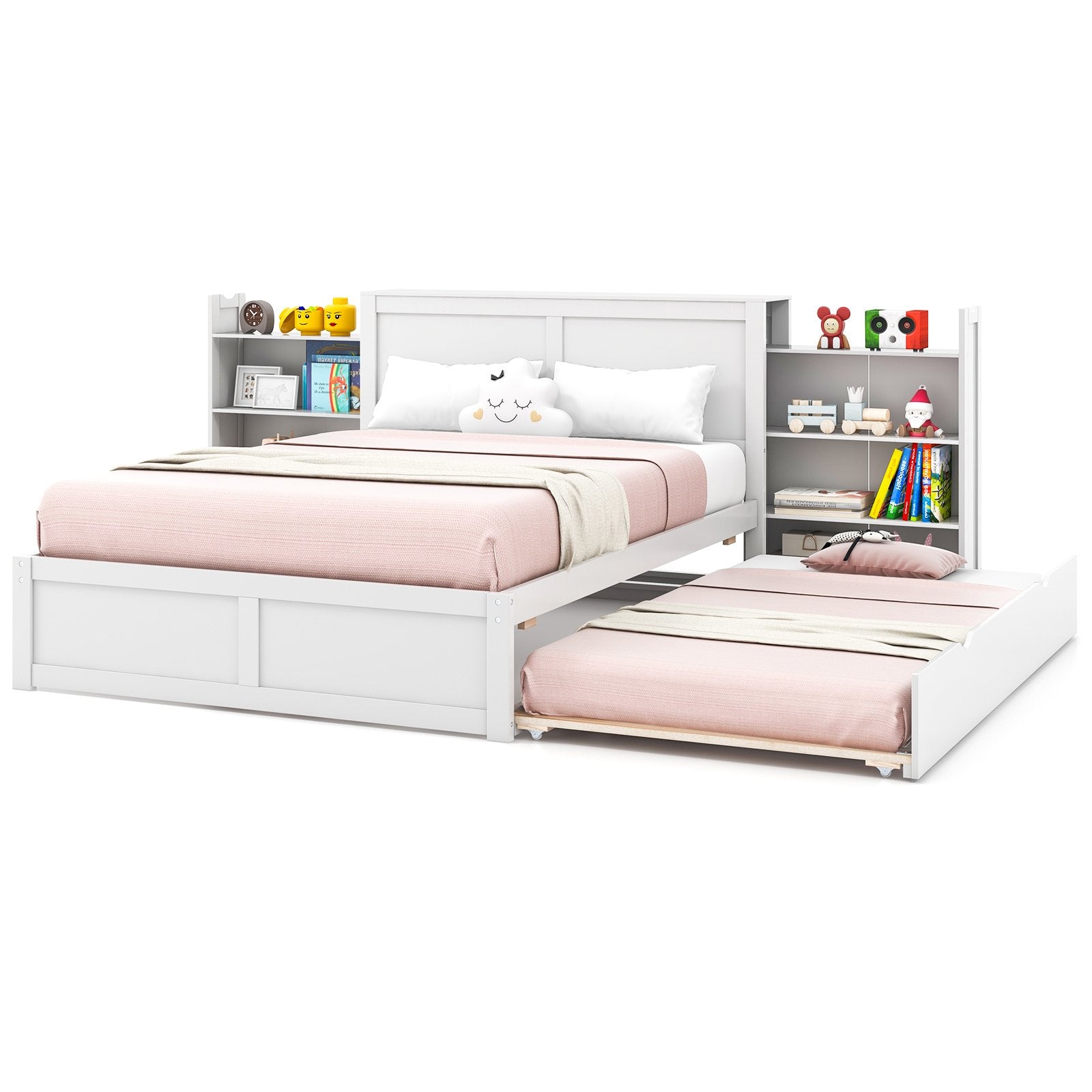 Twin/Full Kids Wooden Platform Bed with Trundle Storage Headboard-Full Size, White Simple Bed Frame   at Gallery Canada