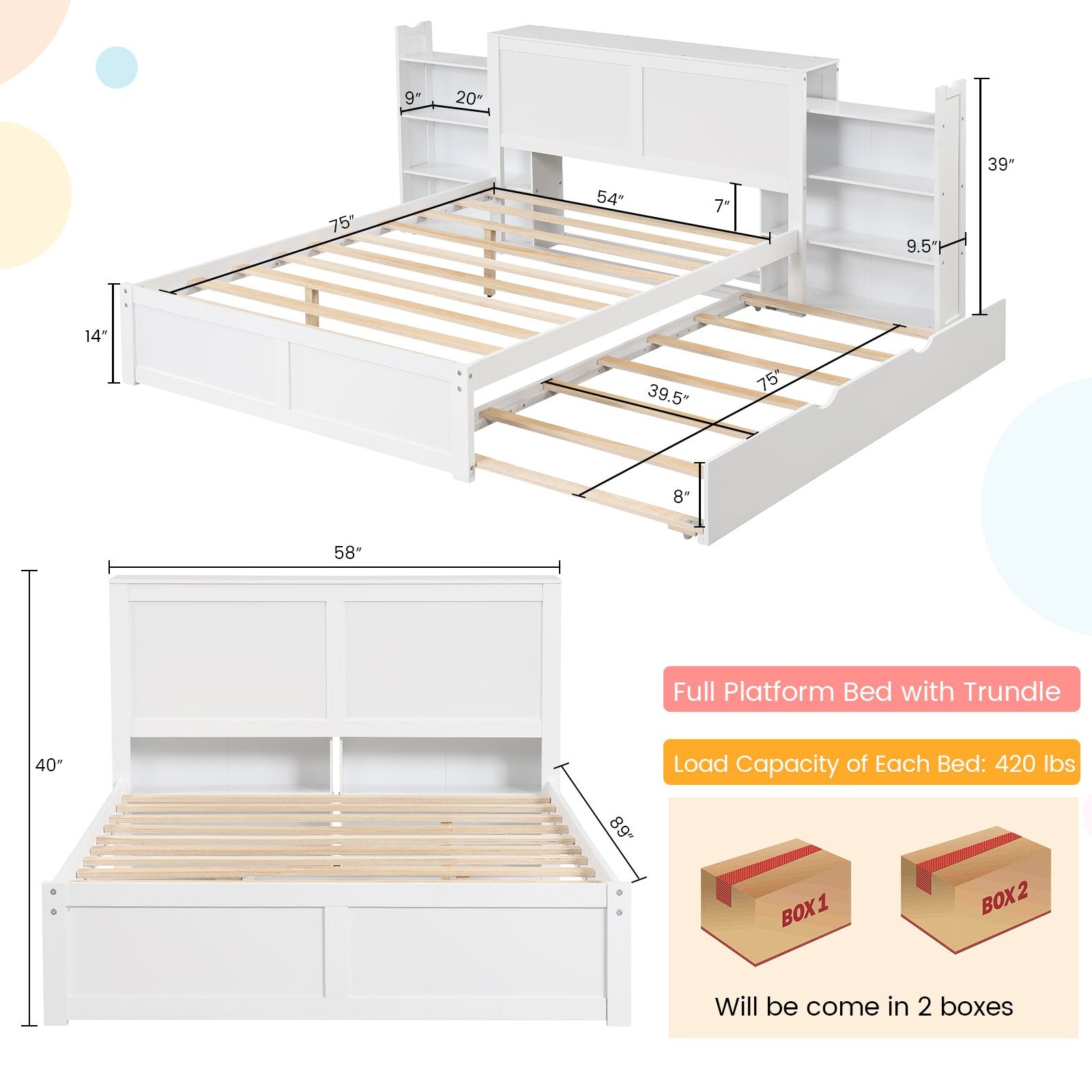 Twin/Full Kids Wooden Platform Bed with Trundle Storage Headboard-Full Size, White Simple Bed Frame   at Gallery Canada