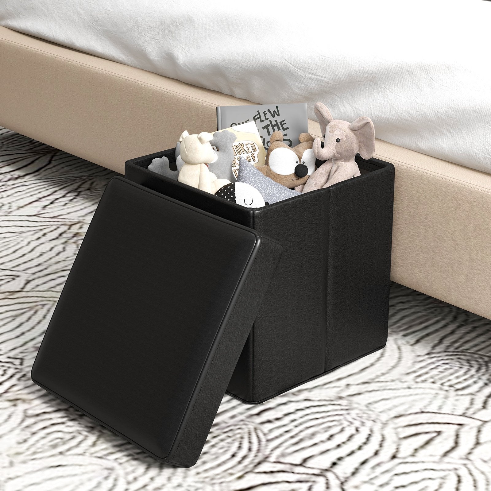 Upholstered Square Footstool with PVC Leather Surface for Bedroom, Black Shoe Racks & Storage Benches   at Gallery Canada