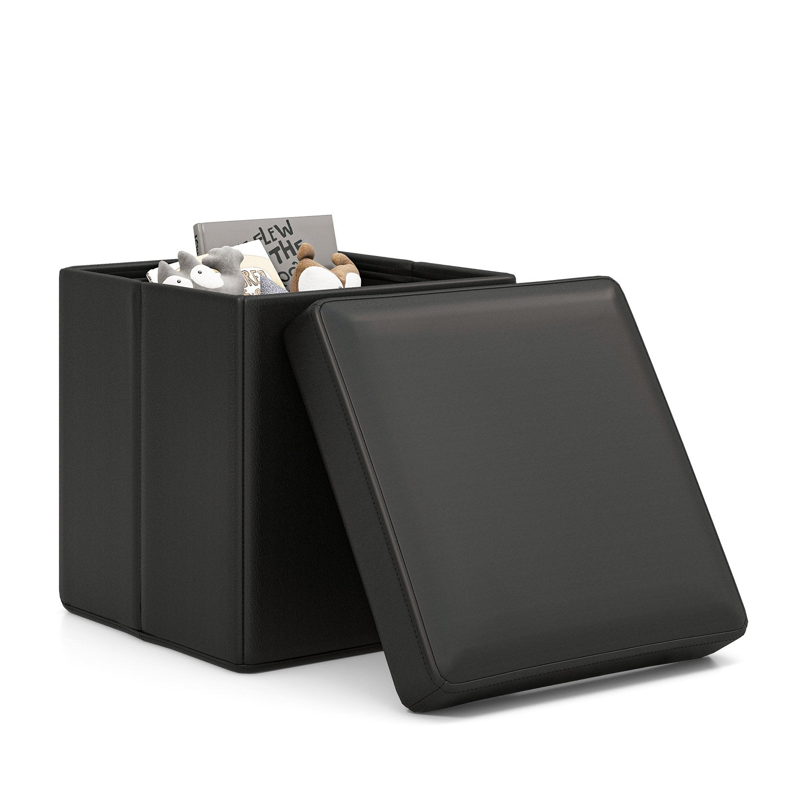 Upholstered Square Footstool with PVC Leather Surface for Bedroom, Black - Gallery Canada